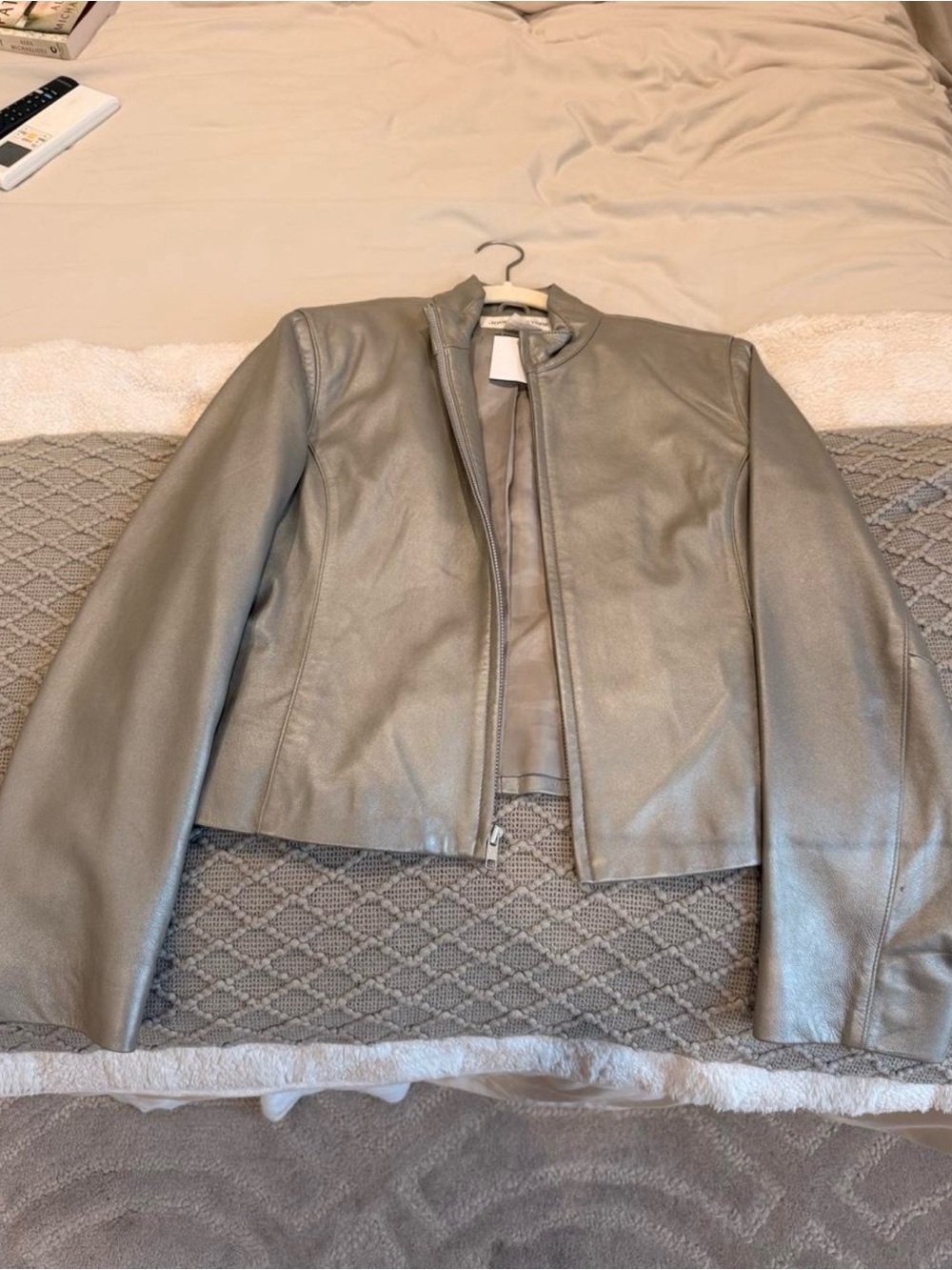 Jones New York Women's Metallic Silver Faux Leather Zip Jacket